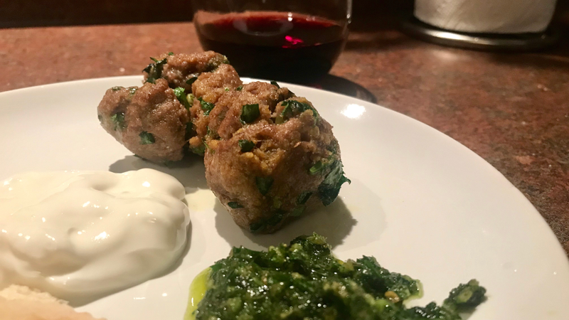 I ate the meatballs and pesto with plain Greek yogurt and toasted pita. And wine.